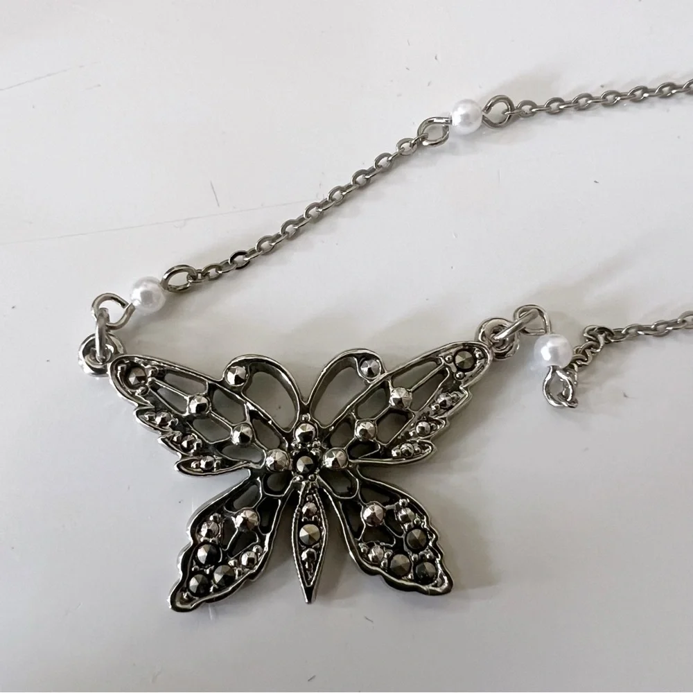 1928 Jewelry Butterfly Necklace Silver Tone with Marcasite & Faux Pearls 00s Y2K